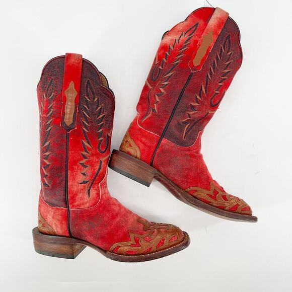 Lucchese Red Suede Hand Tooled Filigree Wingtip Square Toe Western Boot size 7.5 - Picture 4 of 12